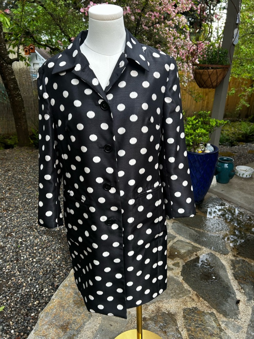 ANNE KLEIN Black and White Polka Dot Dress Coat Size M